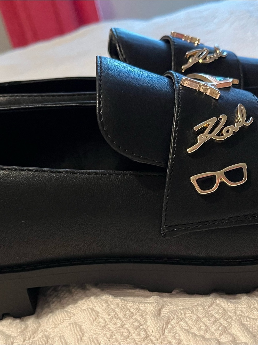 Karl Lagerfeld Black Leather Loafers with Gold & Enamel Charms - Picture 3 of 12